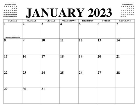 Free Printable Jan 2023 Calendar